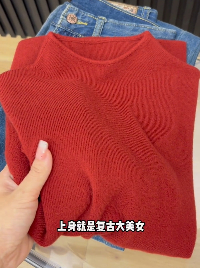 Soft and fluffy cashmere-feel high-neck knitted base layer sweater for women in spring, autumn and winter, with fleece lining, solid color, pullover sweater.