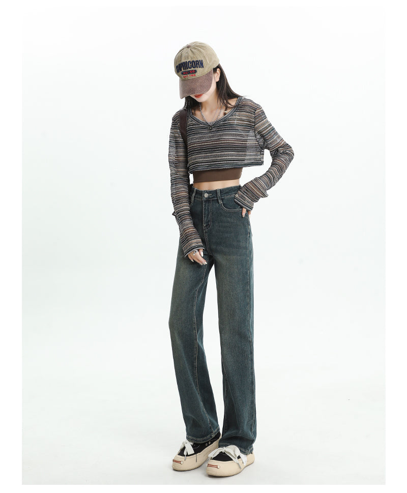 Women's straight-leg fleece-lined jeans, new autumn/winter style, high-waisted, retro, petite, slim-fit, wide-leg pants.