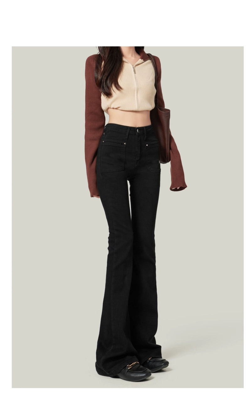 Women's Black Flared Jeans, 2020 New Style, High-Waisted, Stretch, Horse-Shaped Pants