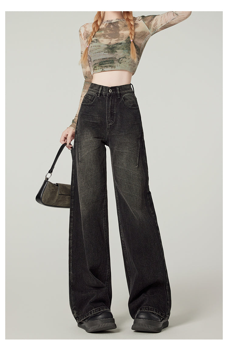 American retro high-waisted wide-leg jeans for women, sexy black loose-fitting slim-fit pear-shaped straight leg pants