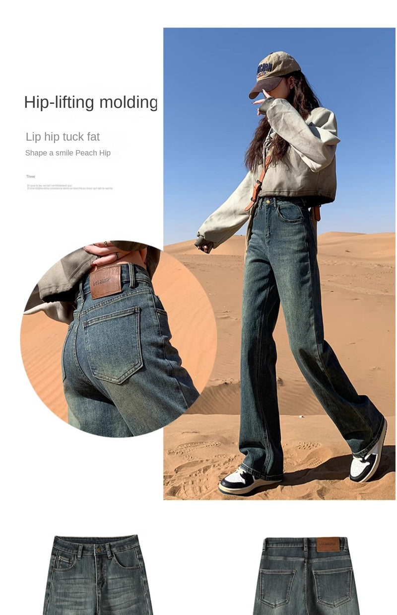 Cement gray fleece-lined slim-fit straight leg jeans for women, new style, high-waisted, slimming, wide-leg pants for petite women.