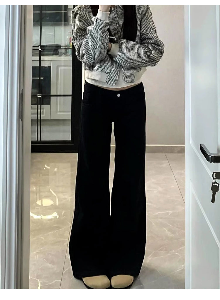 Women's black flared jeans, autumn/winter style, fleece-lined, plus size, stretchy, slimming, pear-shaped figure, wide-leg, platform pants.