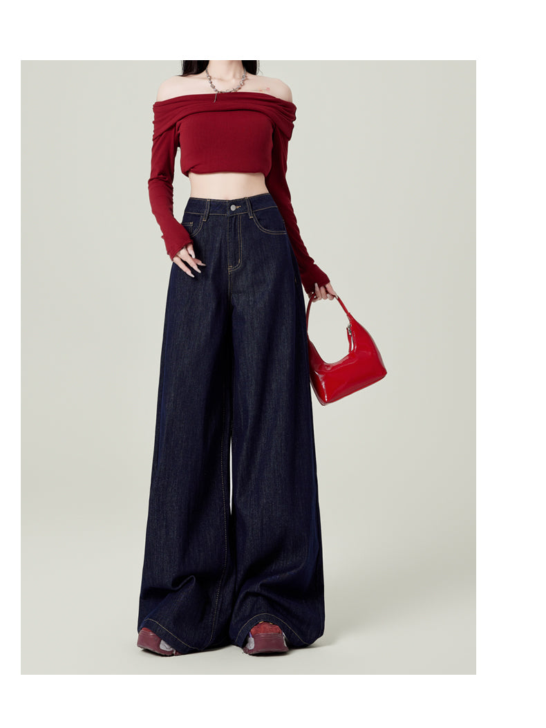 Retro dark blue wide-leg jeans for women, spring and autumn, high-waisted, loose-fitting, floor-length trousers.