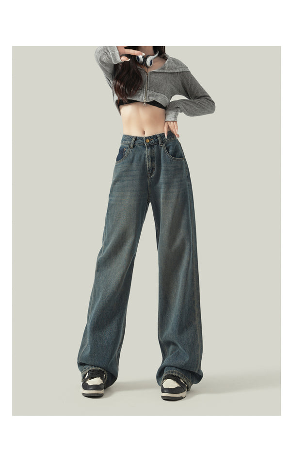 Cement gray straight leg jeans for women, new style, retro Hong Kong style, slimming, drapey wide leg pants