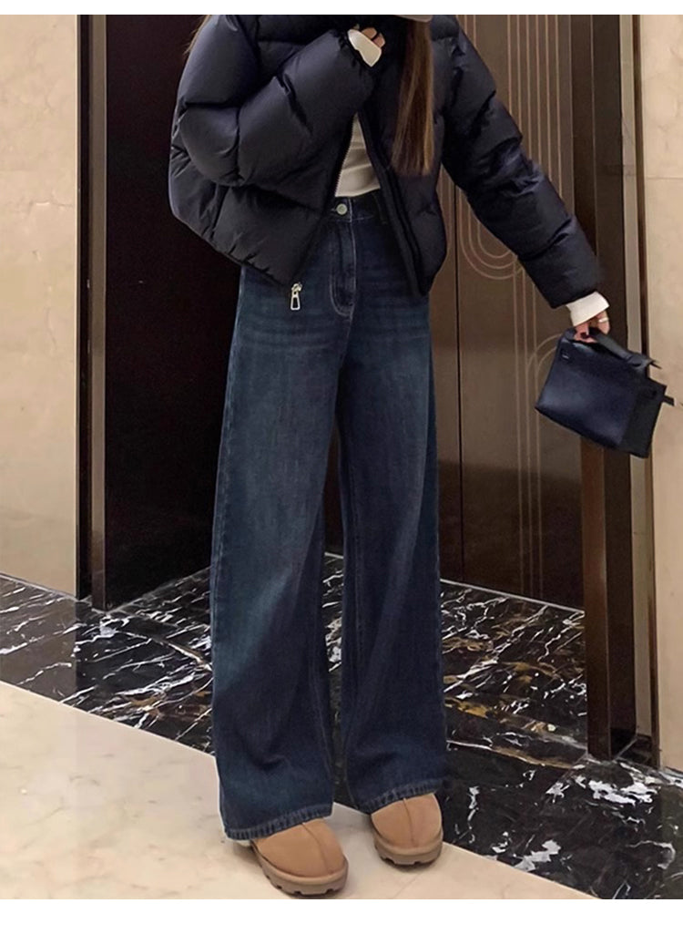 Women's straight-leg jeans, autumn and winter, fleece-lined, thickened, plus size, pear-shaped figure, loose fit, slimming wide-leg pants