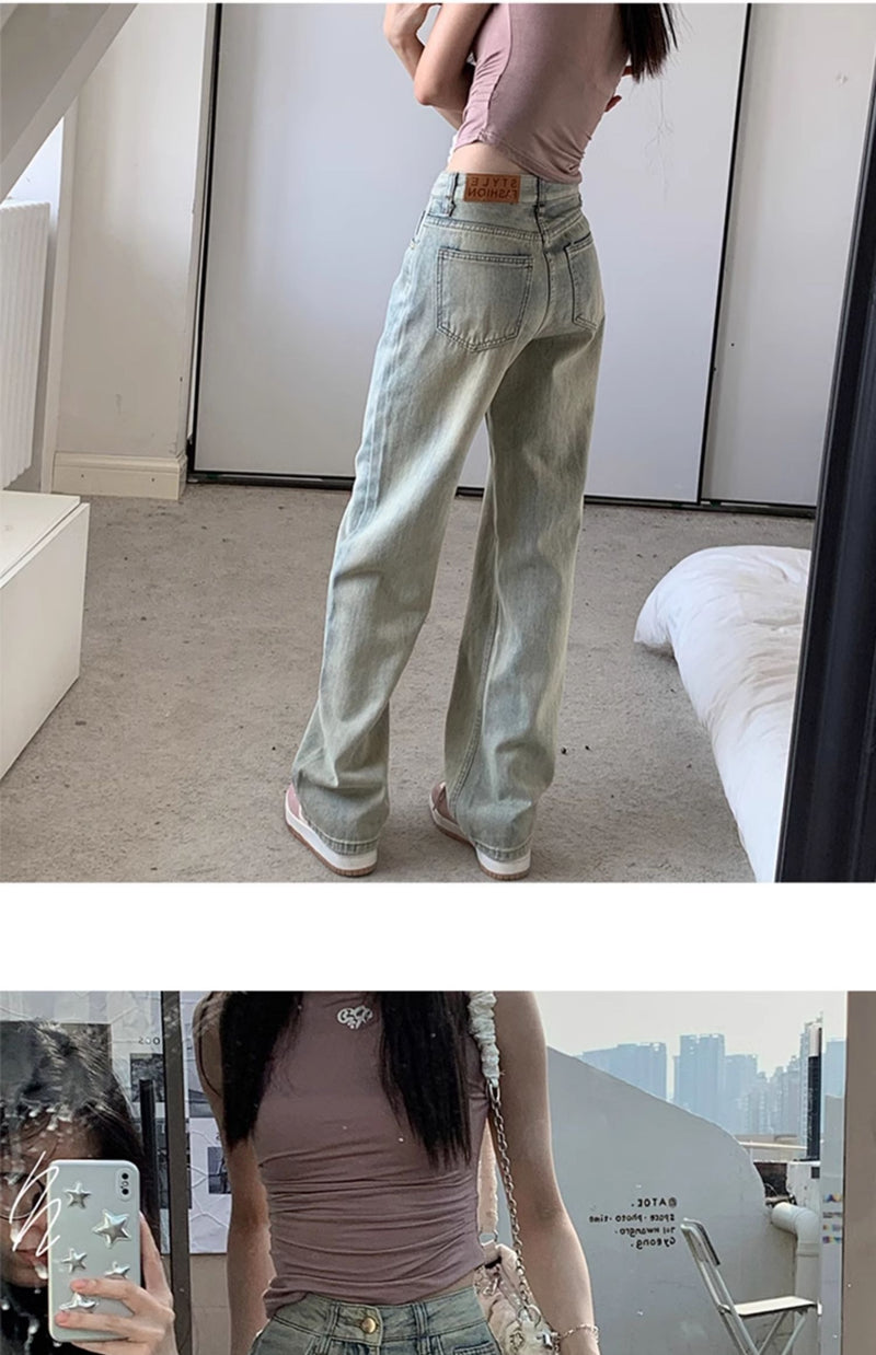 Light-colored slim-fit wide-leg jeans for women, new style, high-waisted, slimming, petite, loose straight leg pants