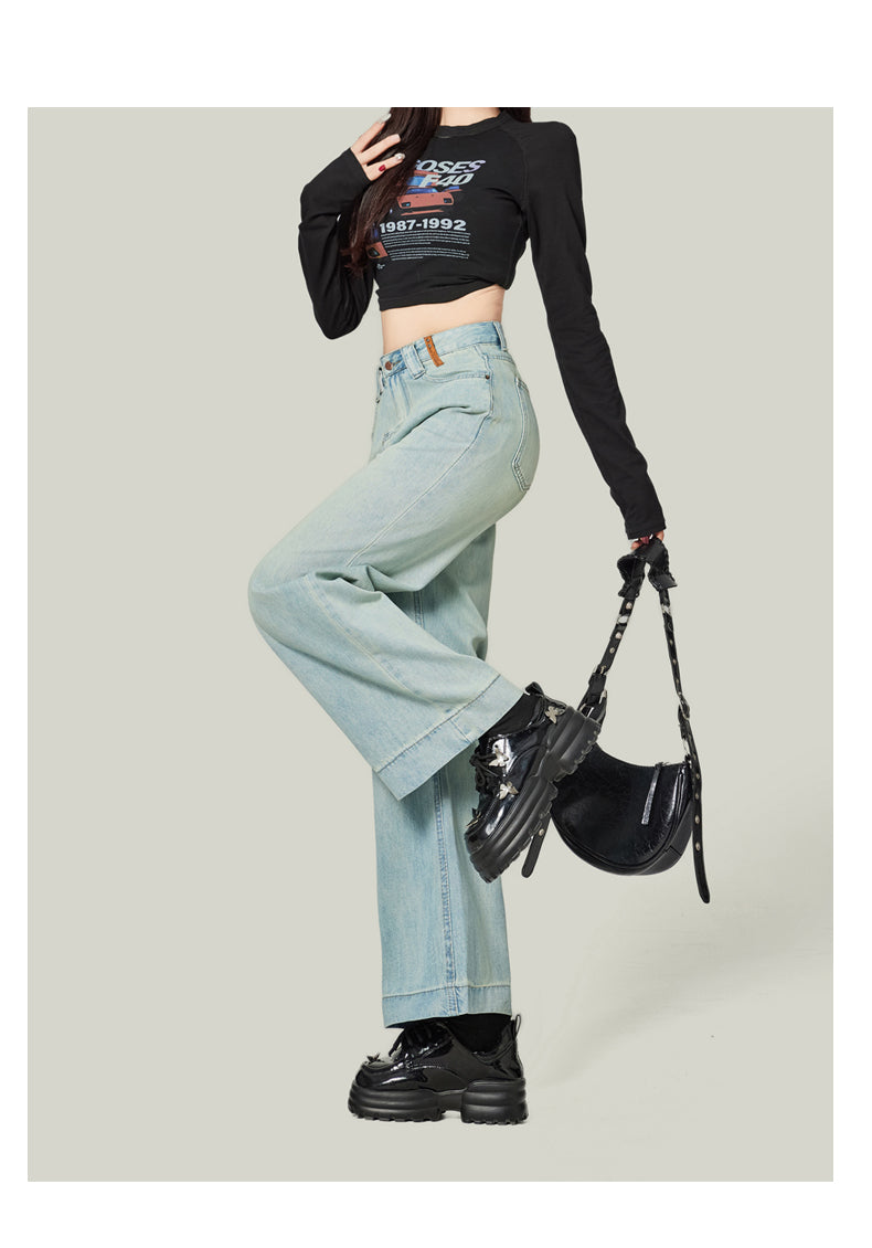 Retro blue high-waisted cropped straight leg jeans for petite women, pear-shaped, loose fit, slimming wide-leg pants
