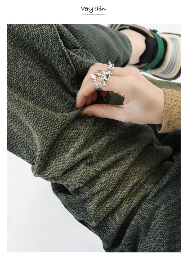 New style black and gray wide-leg jeans for women, American style, high-waisted, loose fit, slimming, straight leg, autumn and winter look.