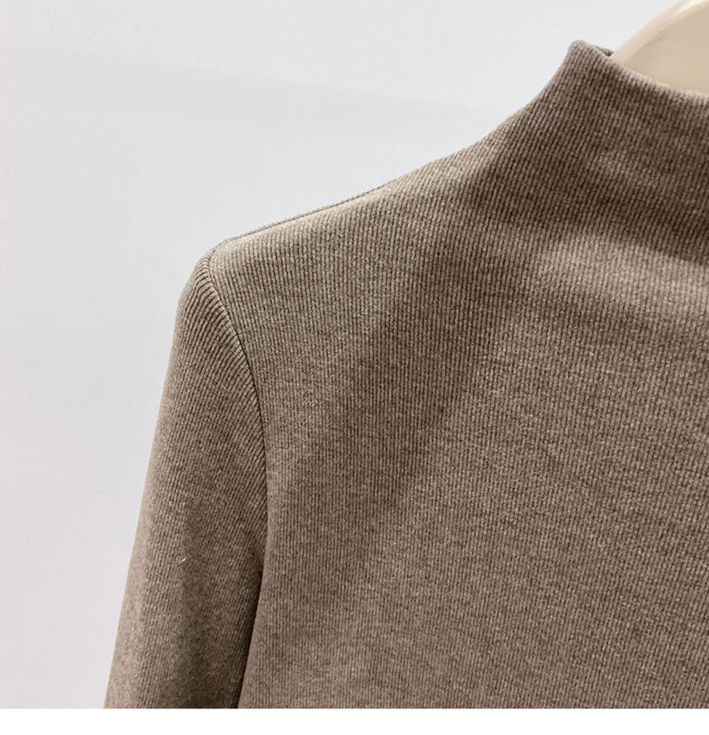 New autumn/winter style high-neck mousse cashmere long-sleeved base layer top for women, brushed fleece inner layer, high-end fleece-lined top