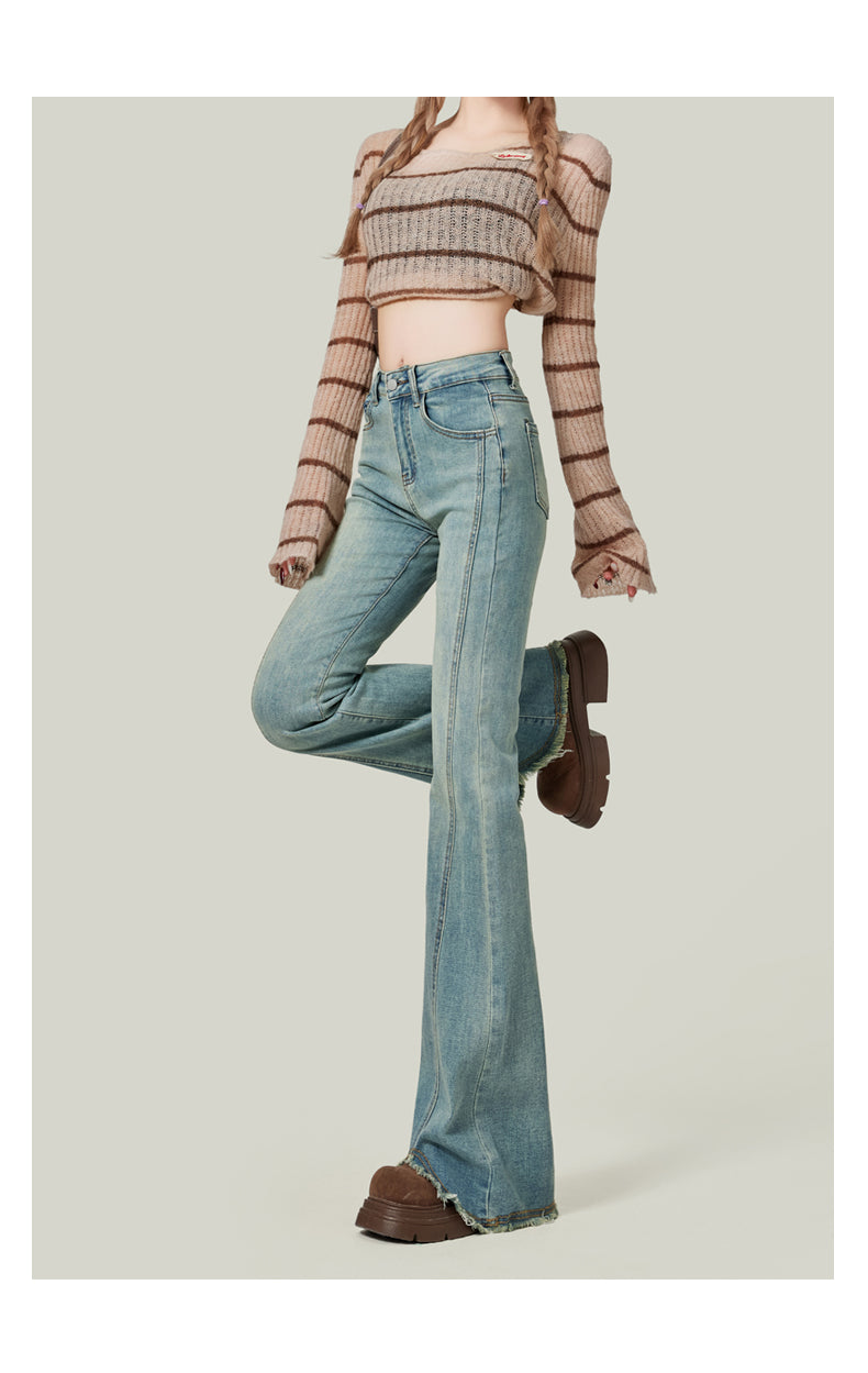 Light blue flared jeans for women, high-waisted, slim-fitting, platform style, floor-length.