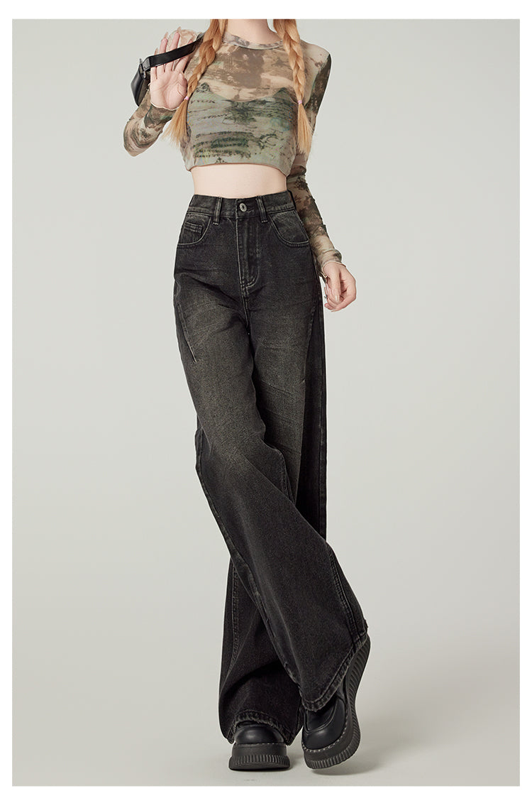 American retro high-waisted wide-leg jeans for women, sexy black loose-fitting slim-fit pear-shaped straight leg pants