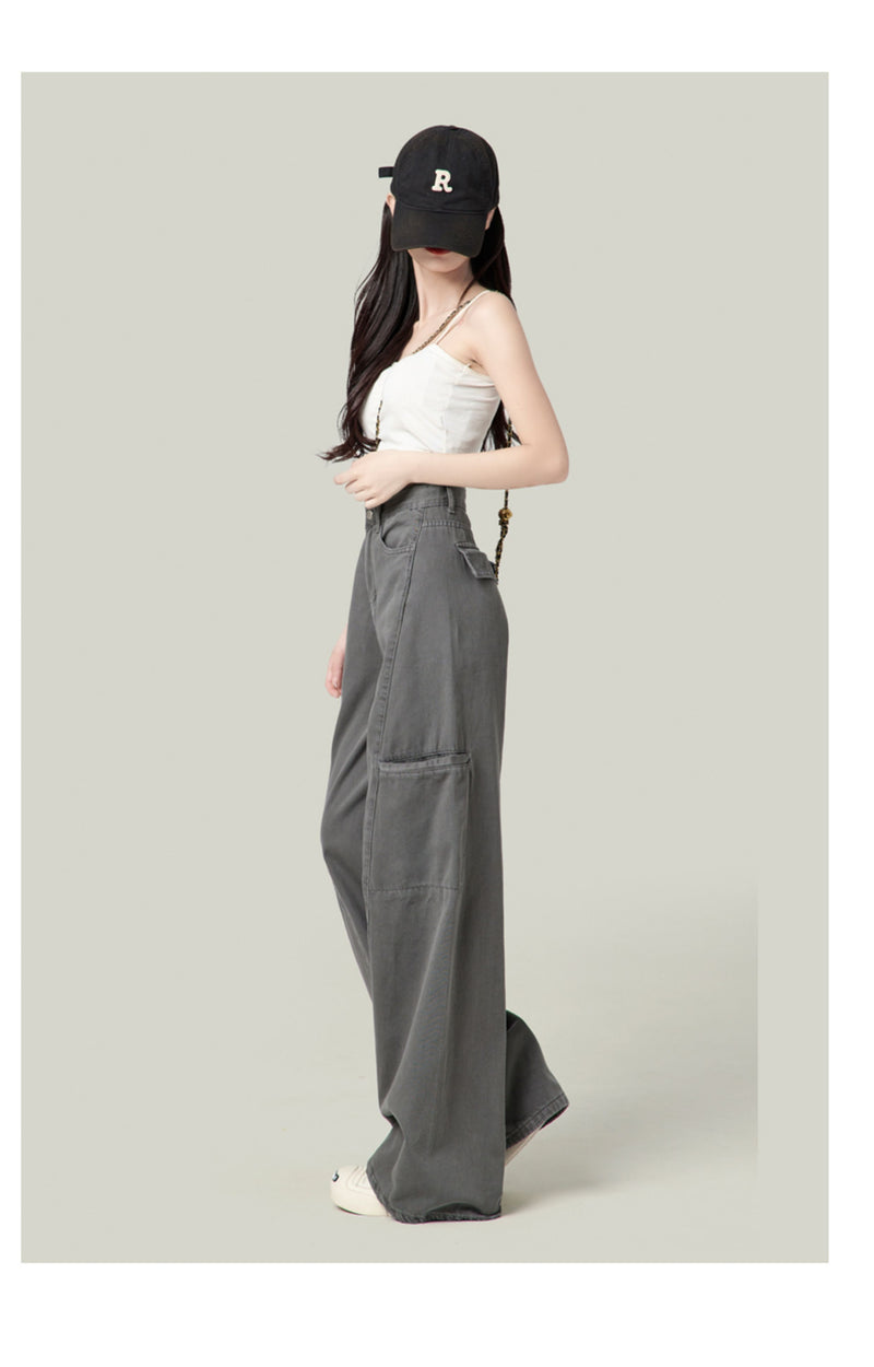 American-style wide-leg cargo pants, new retro high-waisted straight leg jeans for women.