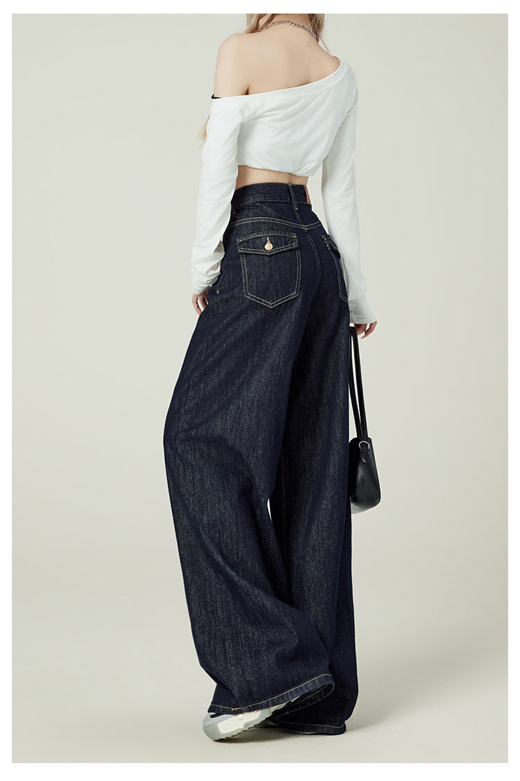 Retro-style denim blue wide-leg jeans for women, American style, high-waisted, loose-fitting, pear-shaped, floor-length.