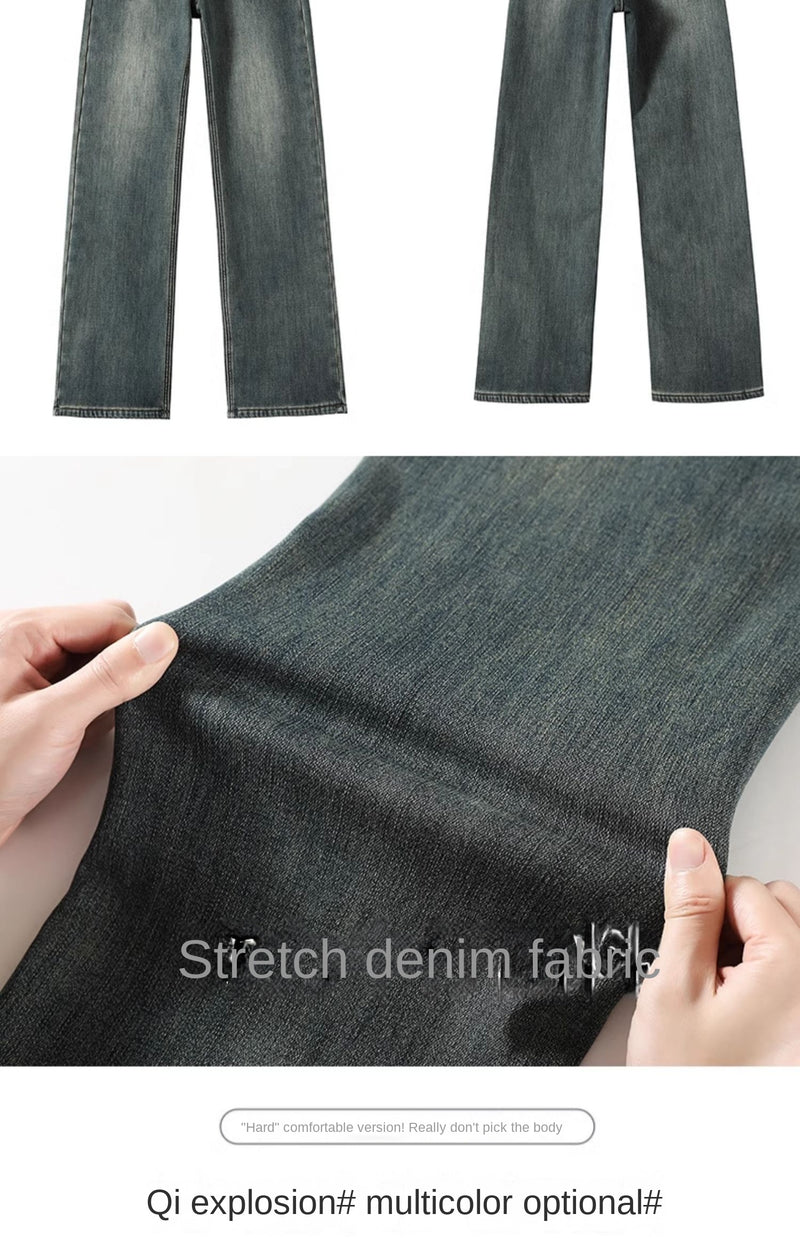 Cement gray fleece-lined slim-fit straight leg jeans for women, new style, high-waisted, slimming, wide-leg pants for petite women.