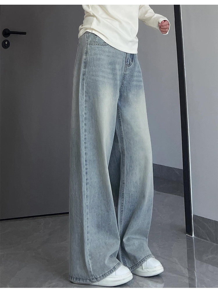 Light-colored straight-leg jeans for women, autumn and winter, fleece-lined and thickened, plus size, loose fit, slimming, pear-shaped figure wide-leg pants.