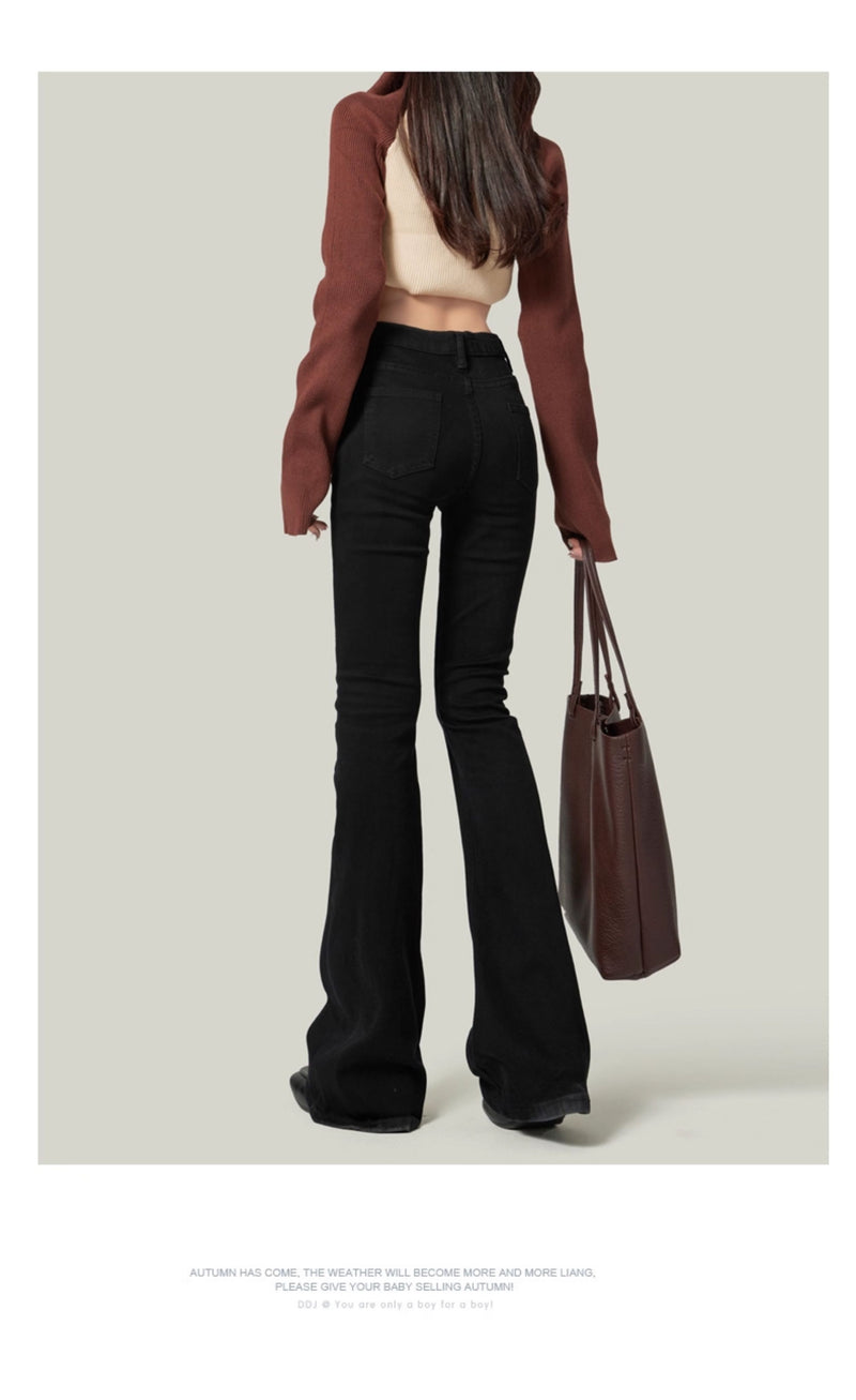 Women's Black Flared Jeans, 2020 New Style, High-Waisted, Stretch, Horse-Shaped Pants