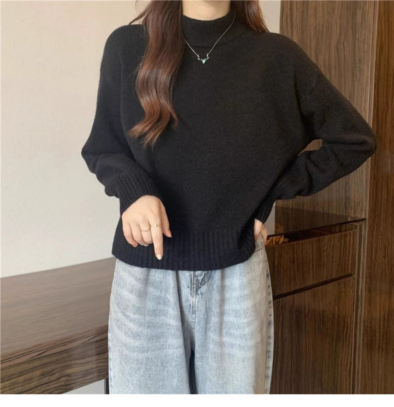 French-style short sweater for women, autumn and winter, petite, thick, soft and gentle style, high neck pullover knitwear