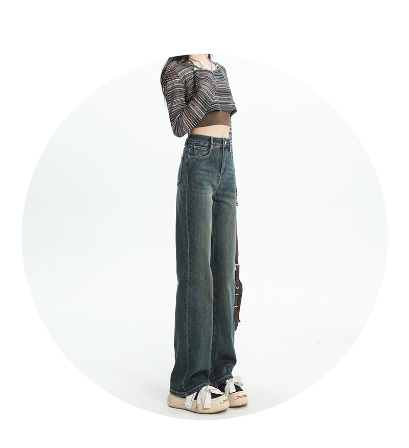 Women's straight-leg fleece-lined jeans, new autumn/winter style, high-waisted, retro, petite, slim-fit, wide-leg pants.