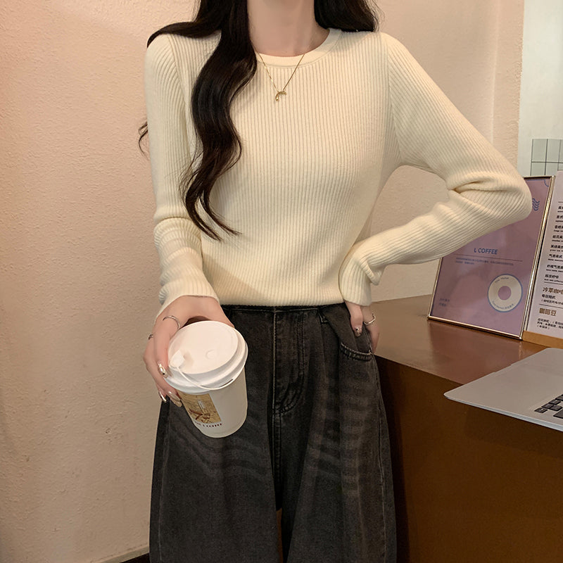 Autumn/Winter Half-High Neck Slim Fit Long Sleeve Base Knit Top Thick Fleece Warm White Sweater for Women