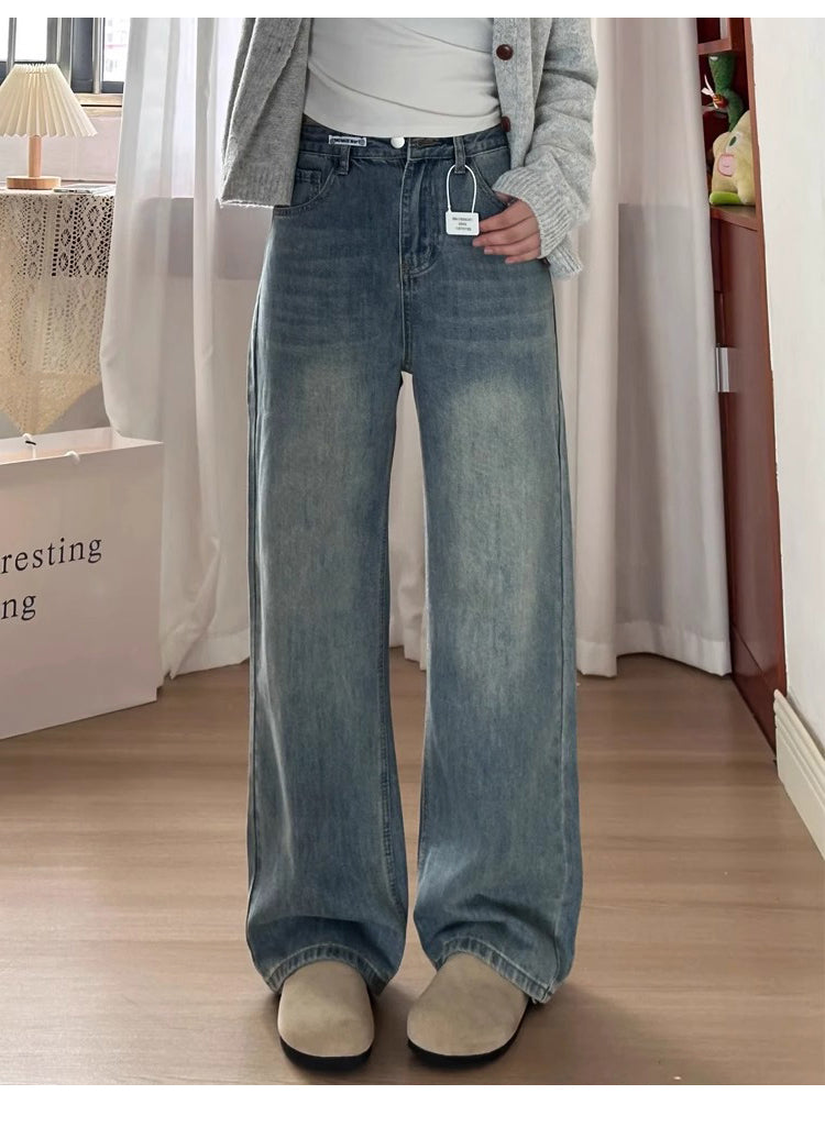 Retro blue straight-leg jeans for women, autumn and winter, fleece-lined and thickened, suitable for plus-size women, slimming for pear-shaped figures, loose wide-leg pants.