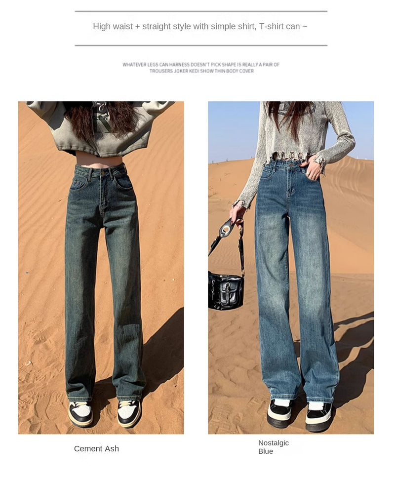 Cement gray fleece-lined slim-fit straight leg jeans for women, new style, high-waisted, slimming, wide-leg pants for petite women.