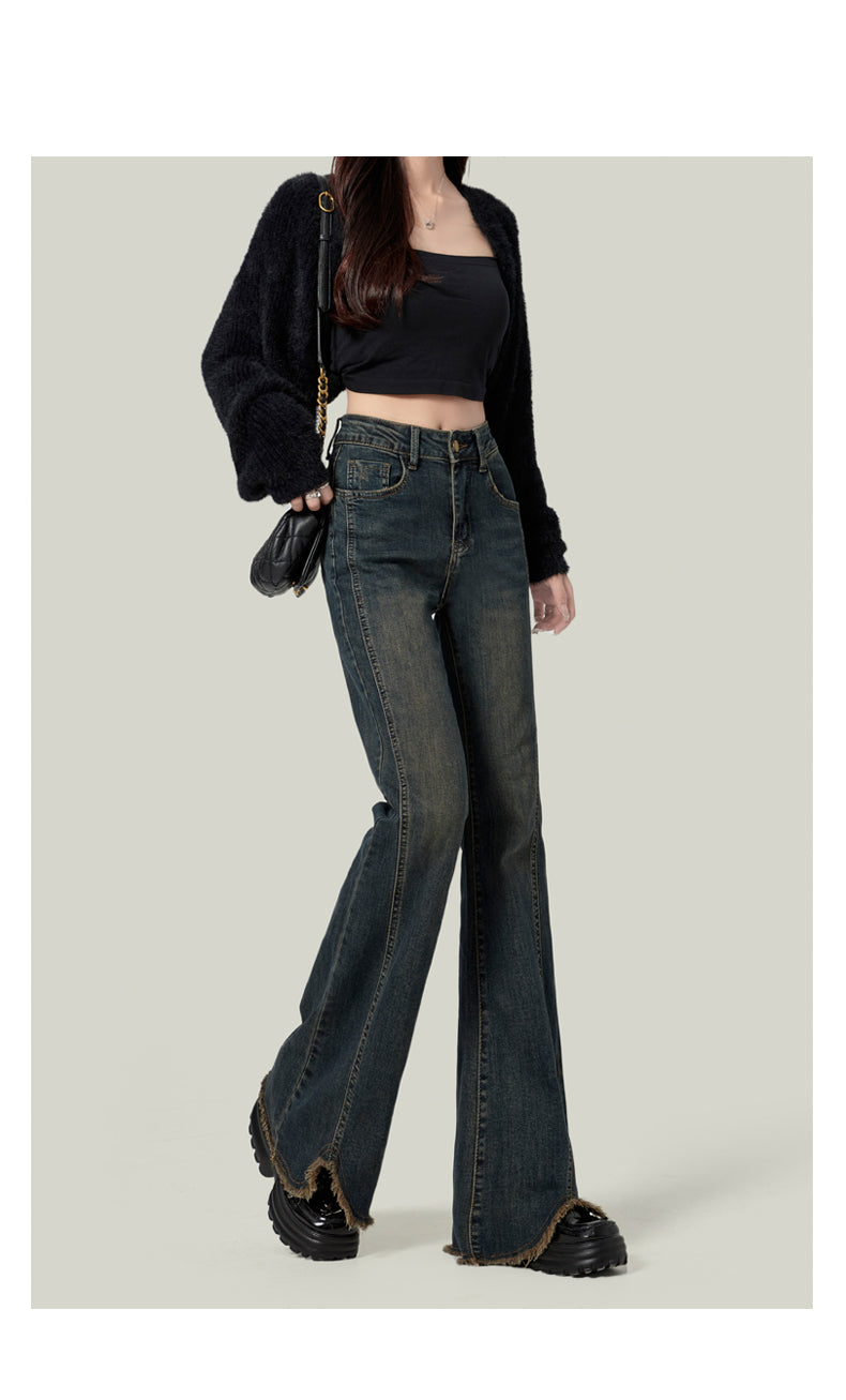 Retro American style high-waisted nano gray flared jeans for women, slimming, platform, floor-length trousers