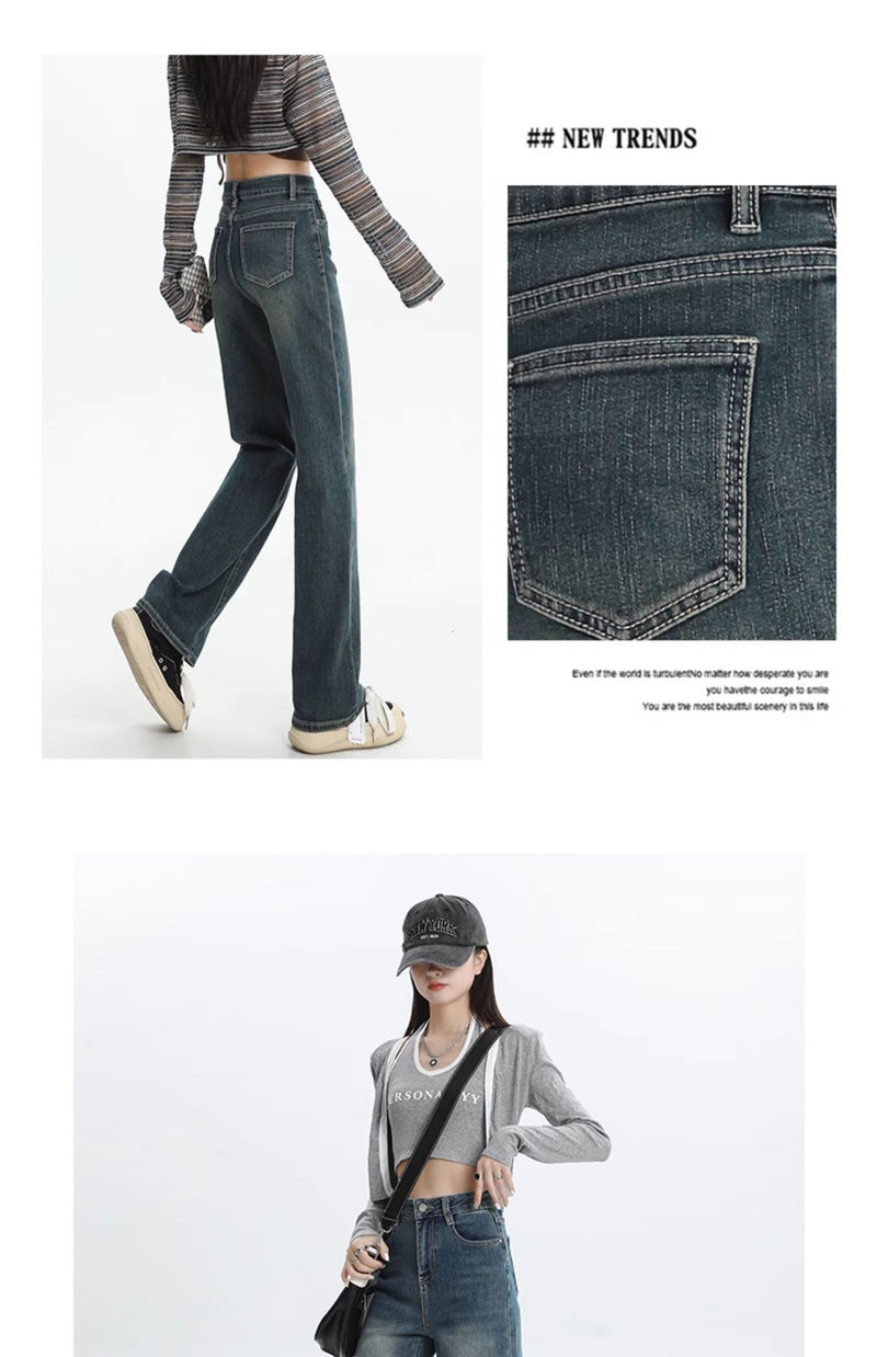 Women's straight-leg fleece-lined jeans, new autumn/winter style, high-waisted, retro, petite, slim-fit, wide-leg pants.