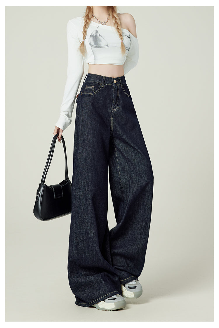Retro-style denim blue wide-leg jeans for women, American style, high-waisted, loose-fitting, pear-shaped, floor-length.
