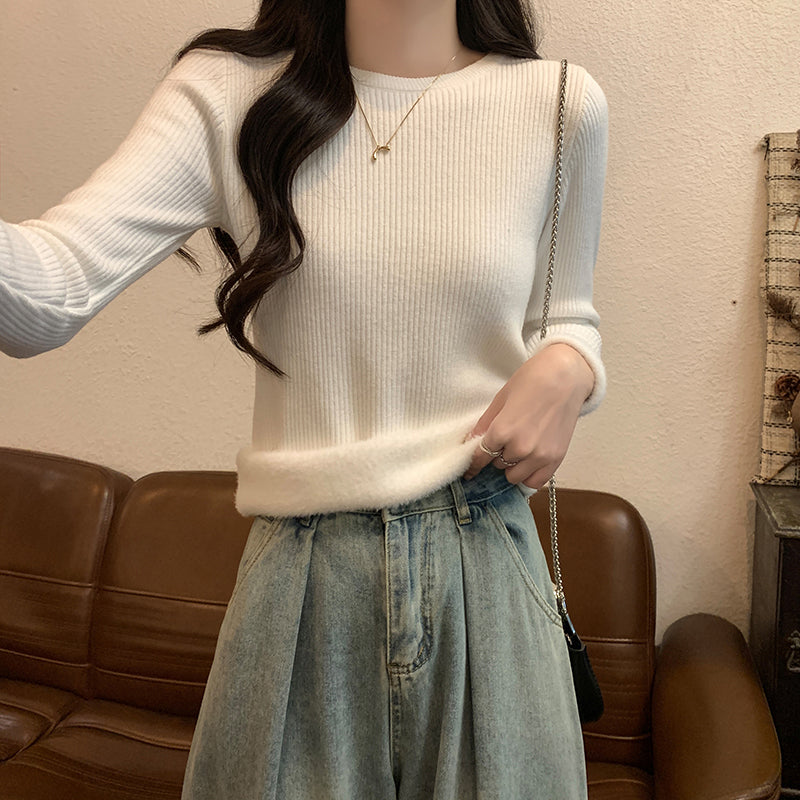 Autumn/Winter Half-High Neck Slim Fit Long Sleeve Base Knit Top Thick Fleece Warm White Sweater for Women