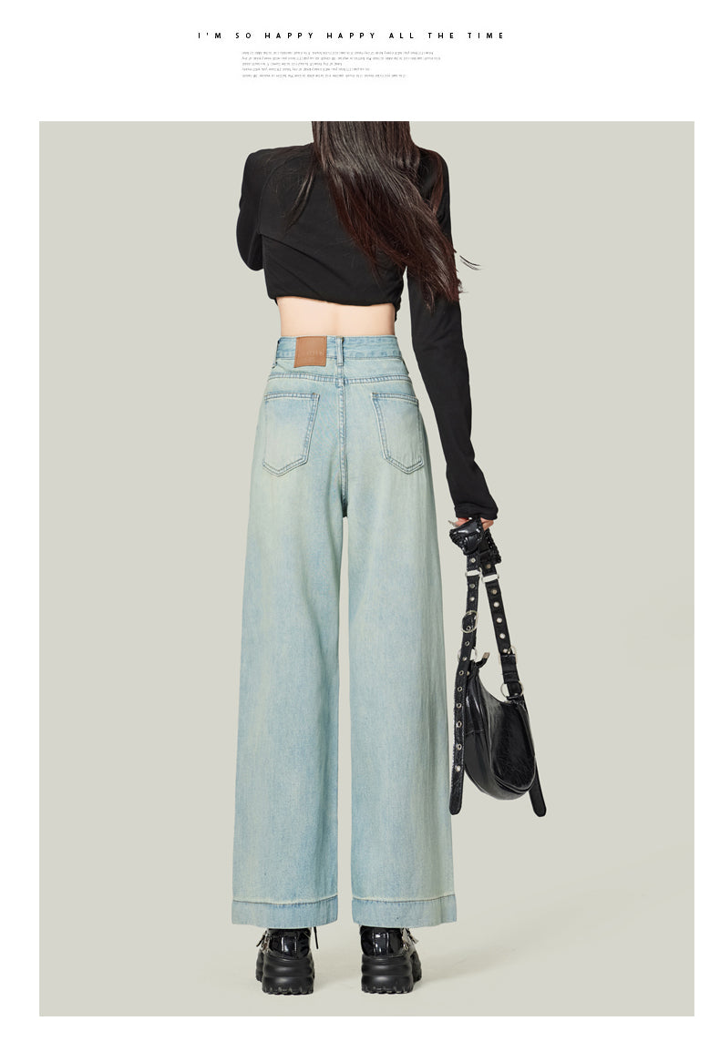 Retro blue high-waisted cropped straight leg jeans for petite women, pear-shaped, loose fit, slimming wide-leg pants