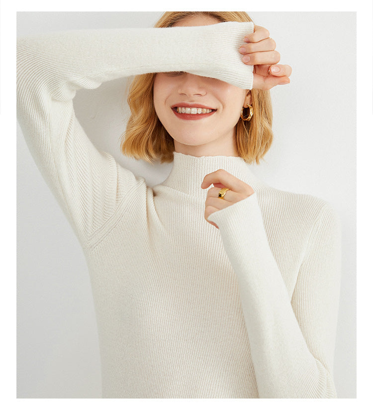 Women's Autumn/Winter High-Neck Sweater, Slim Fit, Solid Color, High-End Wool Knit Base Layer, Striped Design, Suitable for Inner Wear or Outer Wear