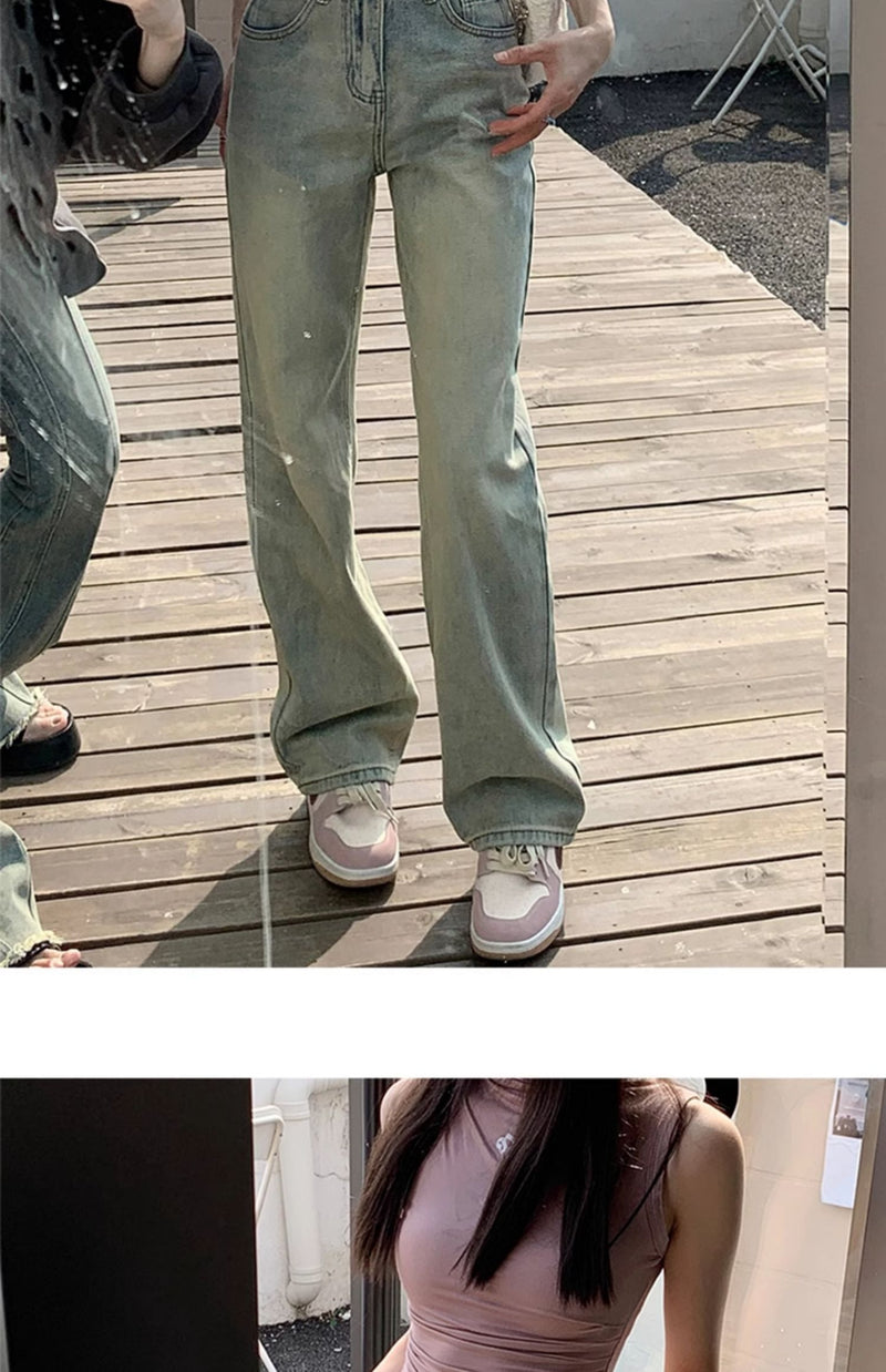 Light-colored slim-fit wide-leg jeans for women, new style, high-waisted, slimming, petite, loose straight leg pants