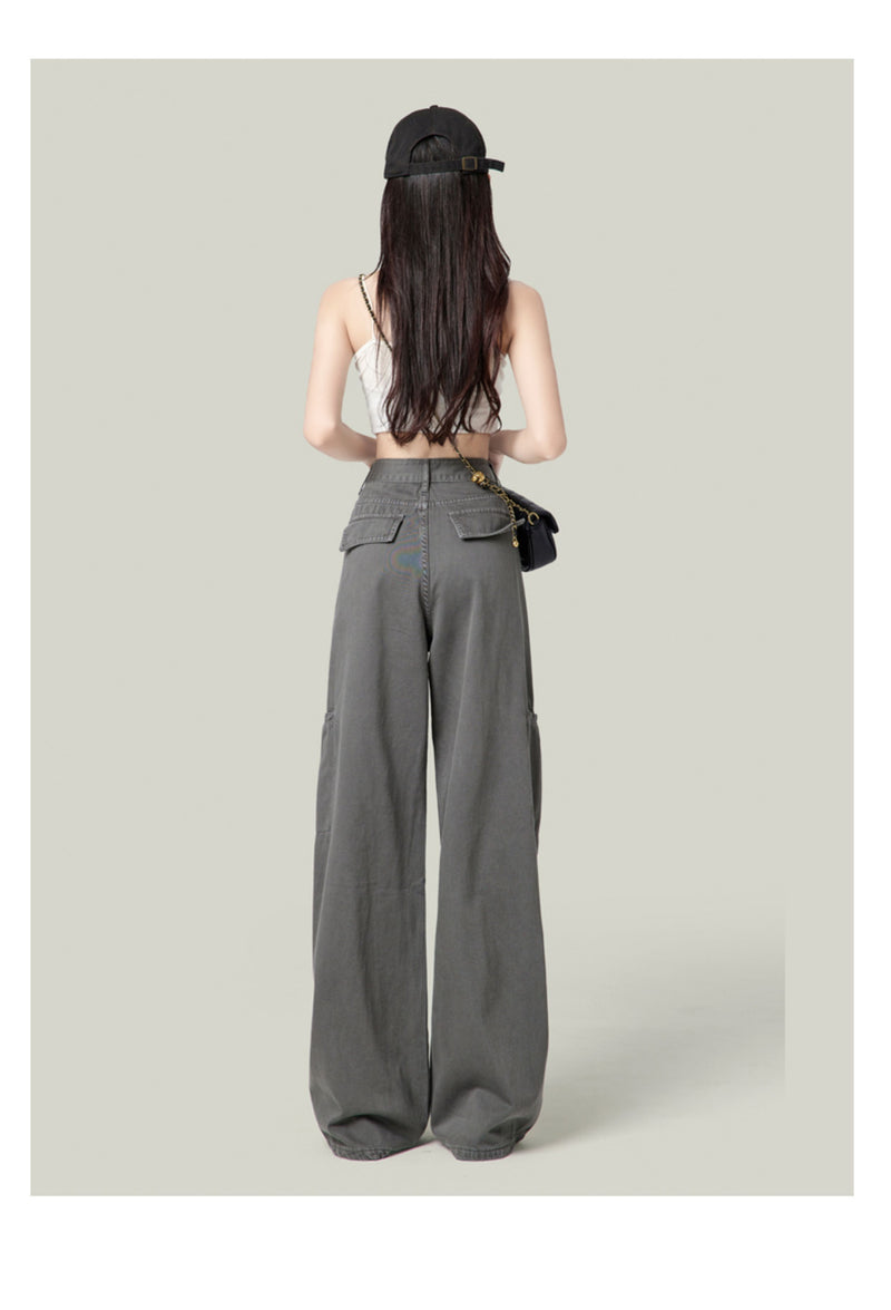 American-style wide-leg cargo pants, new retro high-waisted straight leg jeans for women.