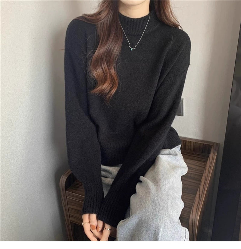 French-style short sweater for women, autumn and winter, petite, thick, soft and gentle style, high neck pullover knitwear