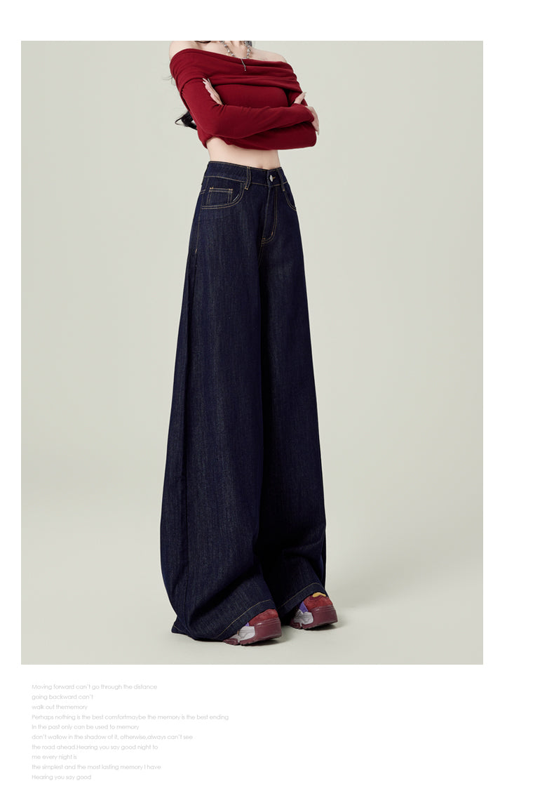 Retro dark blue wide-leg jeans for women, spring and autumn, high-waisted, loose-fitting, floor-length trousers.