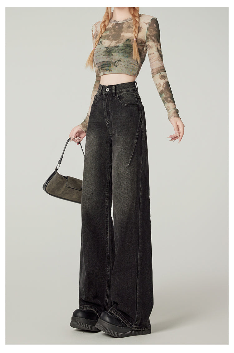 American retro high-waisted wide-leg jeans for women, sexy black loose-fitting slim-fit pear-shaped straight leg pants