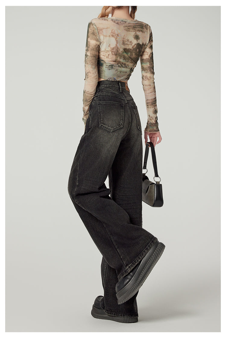 American retro high-waisted wide-leg jeans for women, sexy black loose-fitting slim-fit pear-shaped straight leg pants