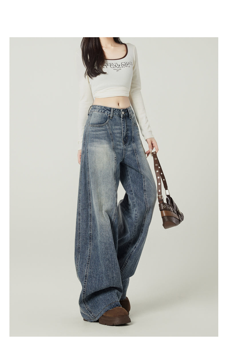 Retro blue high-street loose wide-leg jeans for women, American design, high waist and drape.