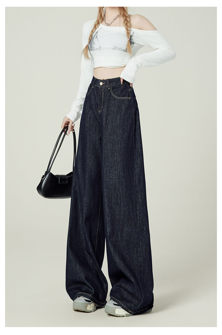 Retro-style denim blue wide-leg jeans for women, American style, high-waisted, loose-fitting, pear-shaped, floor-length.