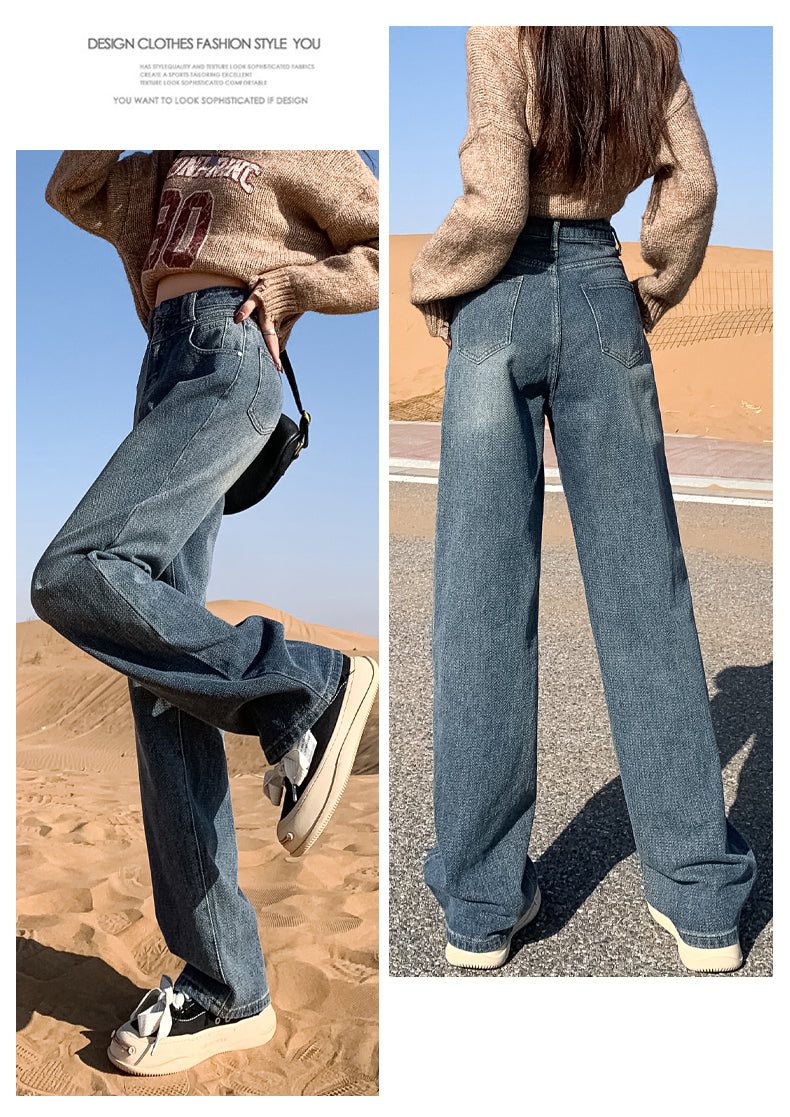 New style black and gray wide-leg jeans for women, American style, high-waisted, loose fit, slimming, straight leg, autumn and winter look.