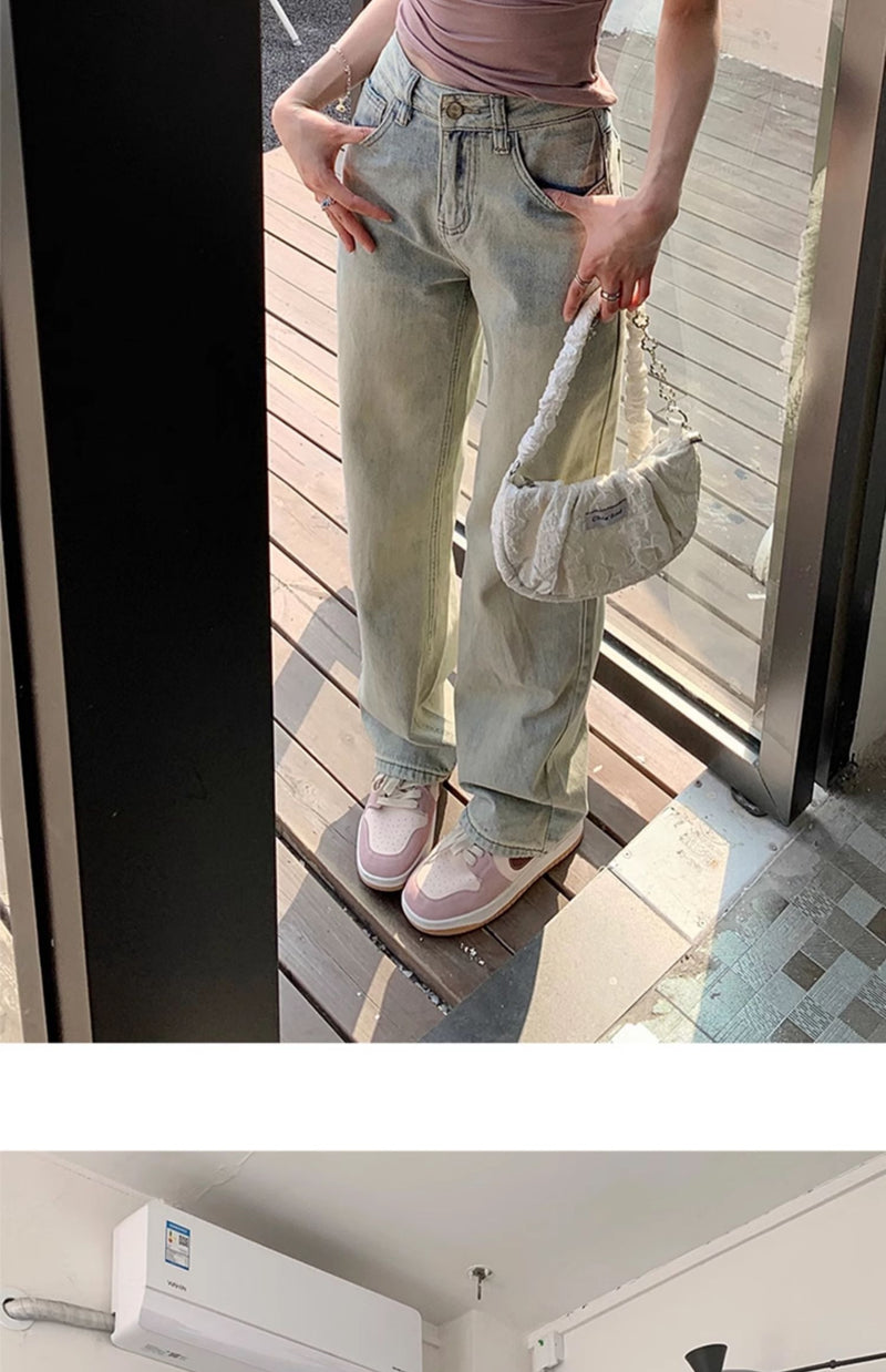 Light-colored slim-fit wide-leg jeans for women, new style, high-waisted, slimming, petite, loose straight leg pants