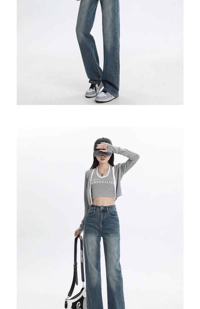 Women's straight-leg fleece-lined jeans, new autumn/winter style, high-waisted, retro, petite, slim-fit, wide-leg pants.