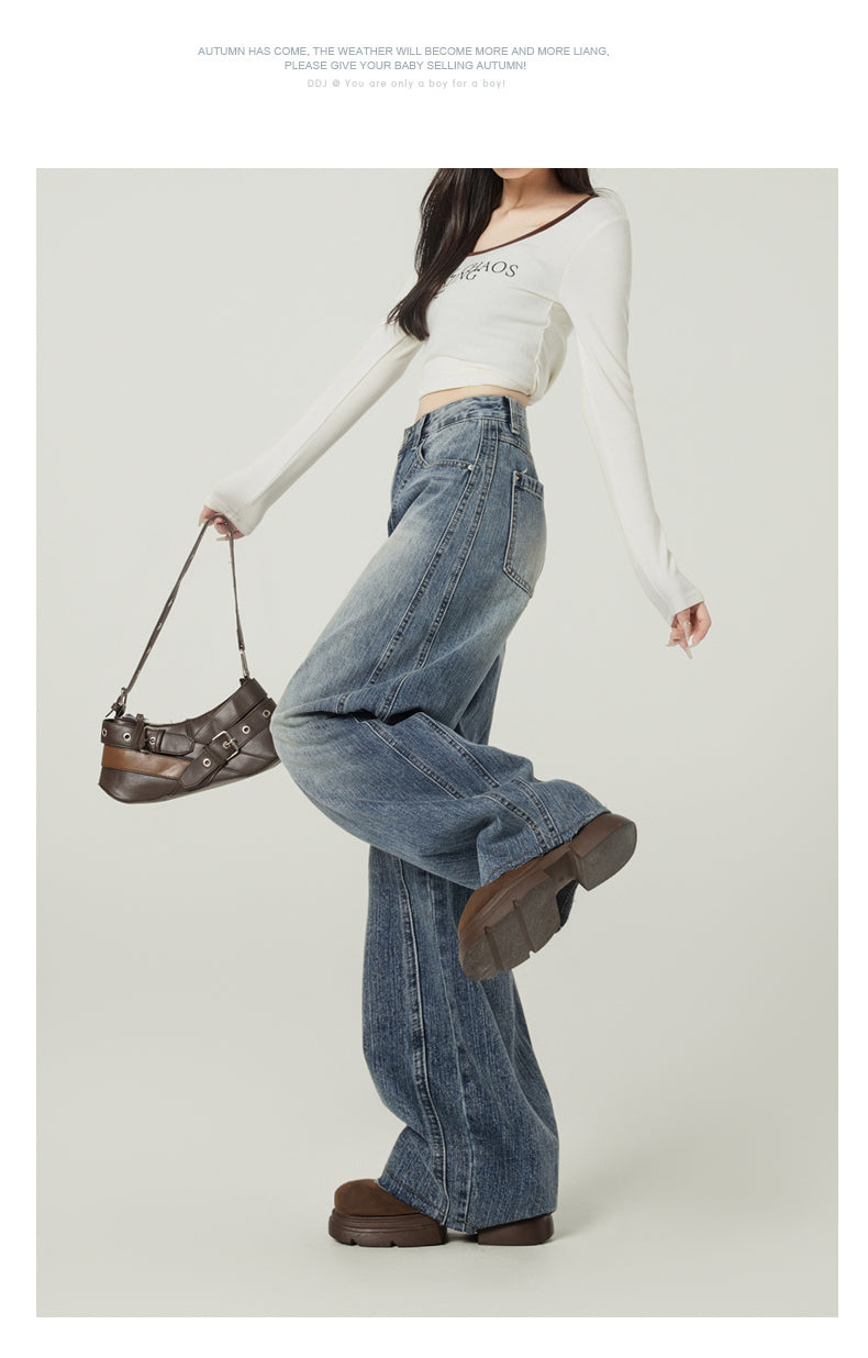 Retro blue high-street loose wide-leg jeans for women, American design, high waist and drape.