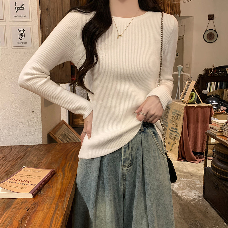 Autumn/Winter Half-High Neck Slim Fit Long Sleeve Base Knit Top Thick Fleece Warm White Sweater for Women