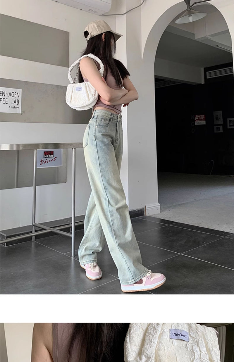 Light-colored slim-fit wide-leg jeans for women, new style, high-waisted, slimming, petite, loose straight leg pants