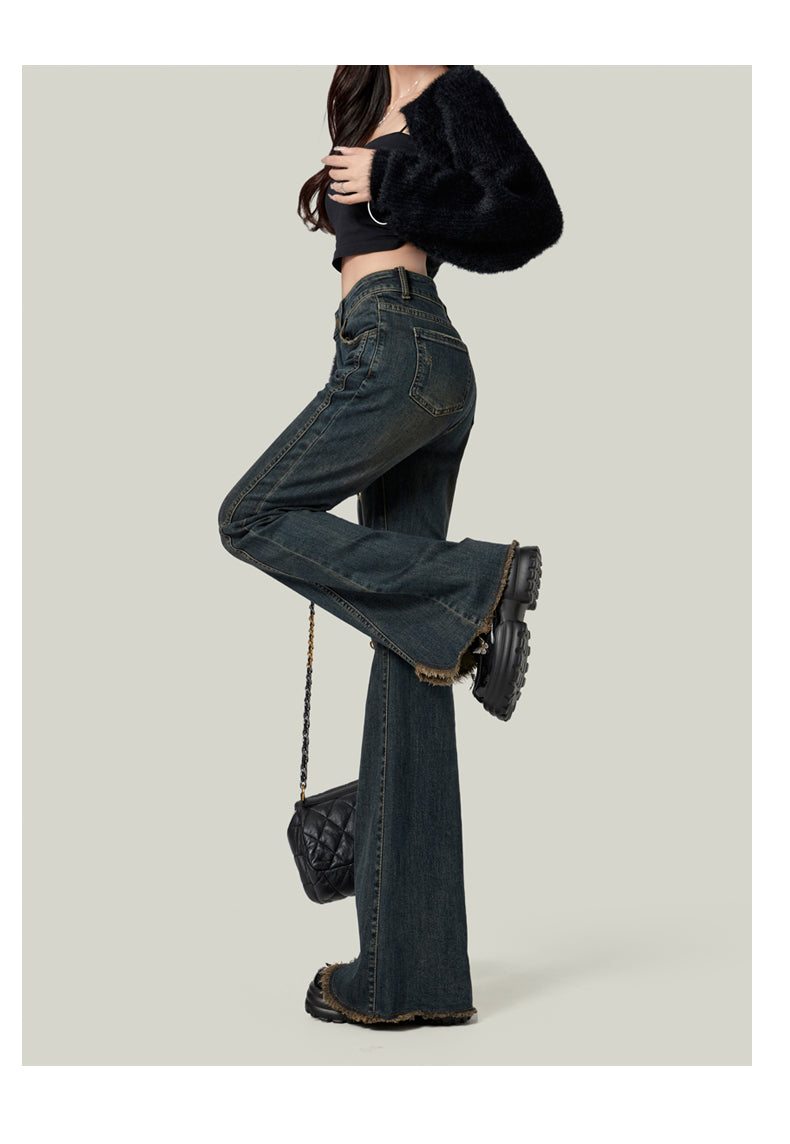 Retro American style high-waisted nano gray flared jeans for women, slimming, platform, floor-length trousers