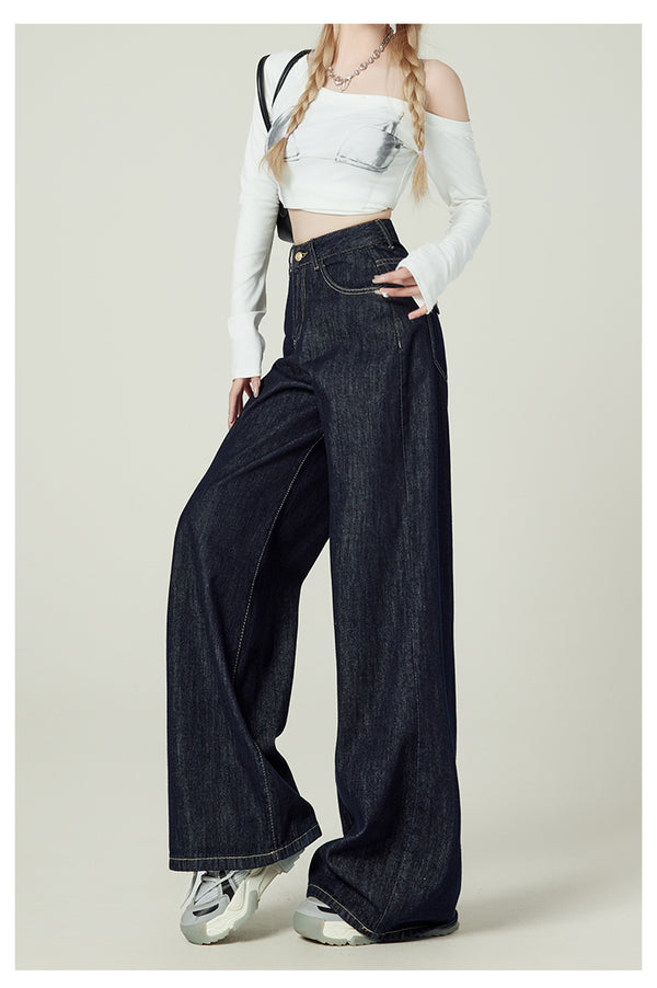 Retro-style denim blue wide-leg jeans for women, American style, high-waisted, loose-fitting, pear-shaped, floor-length.