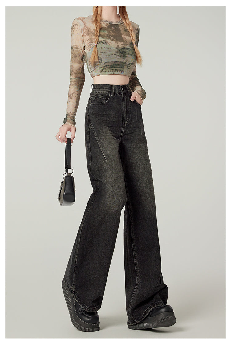 American retro high-waisted wide-leg jeans for women, sexy black loose-fitting slim-fit pear-shaped straight leg pants