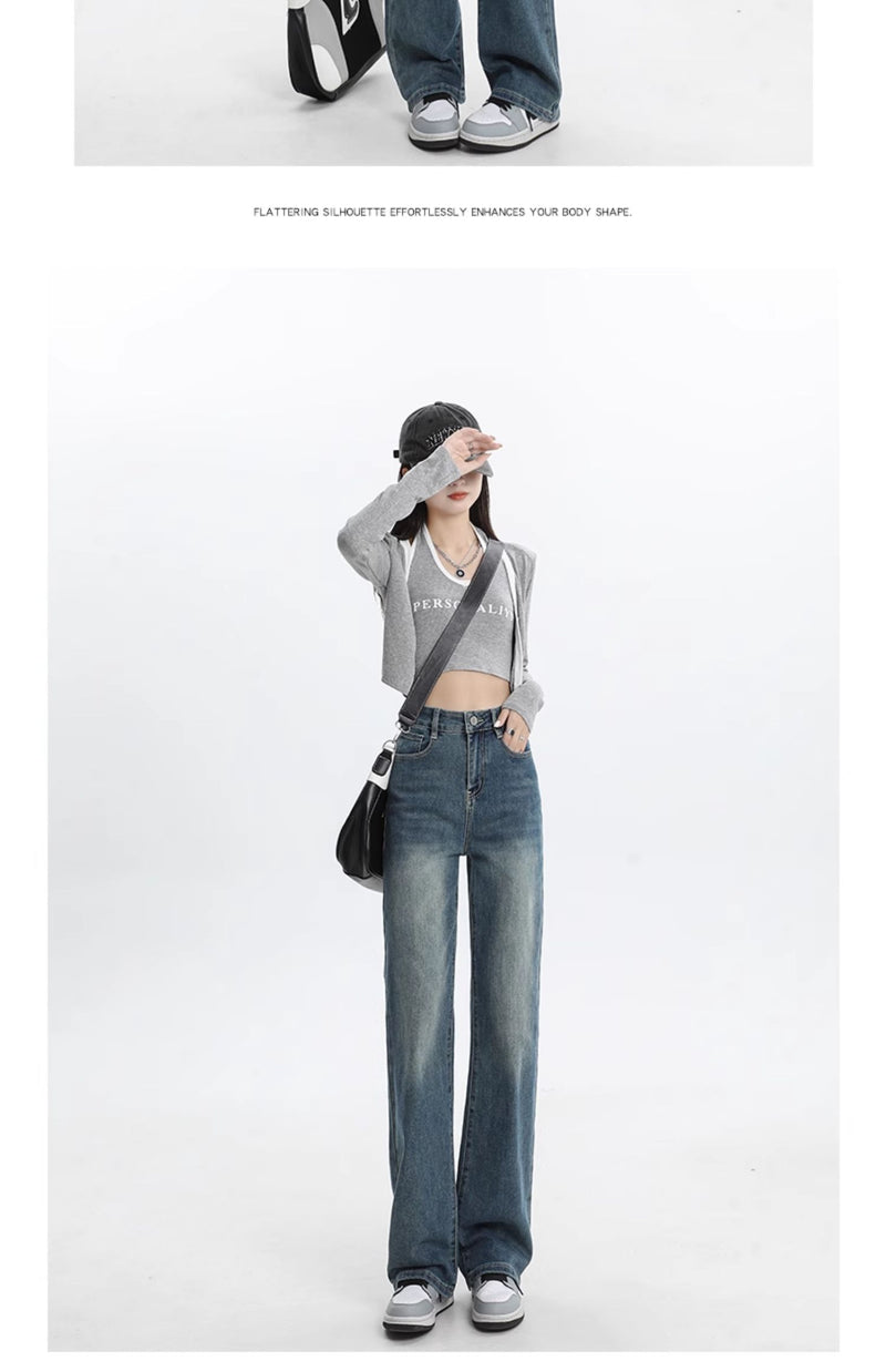 Women's straight-leg fleece-lined jeans, new autumn/winter style, high-waisted, retro, petite, slim-fit, wide-leg pants.