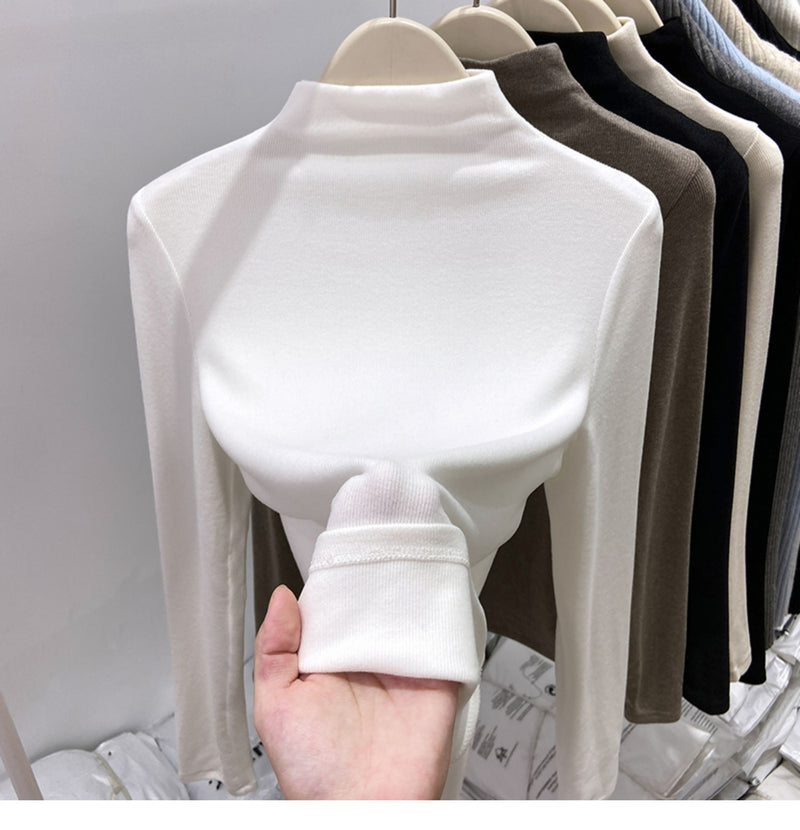 New autumn/winter style high-neck mousse cashmere long-sleeved base layer top for women, brushed fleece inner layer, high-end fleece-lined top